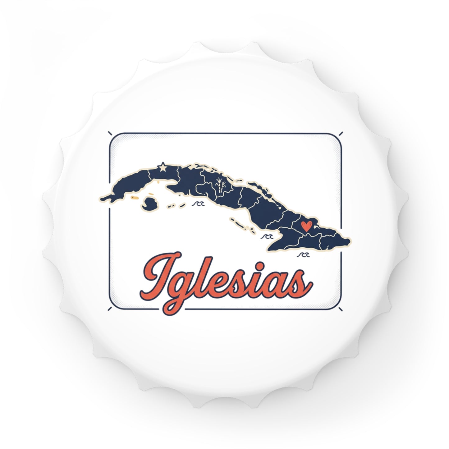 Iglesias Cuba Map Bottle Opener — Personalized Cuban Heritage Bottle Opener with Heart Accent