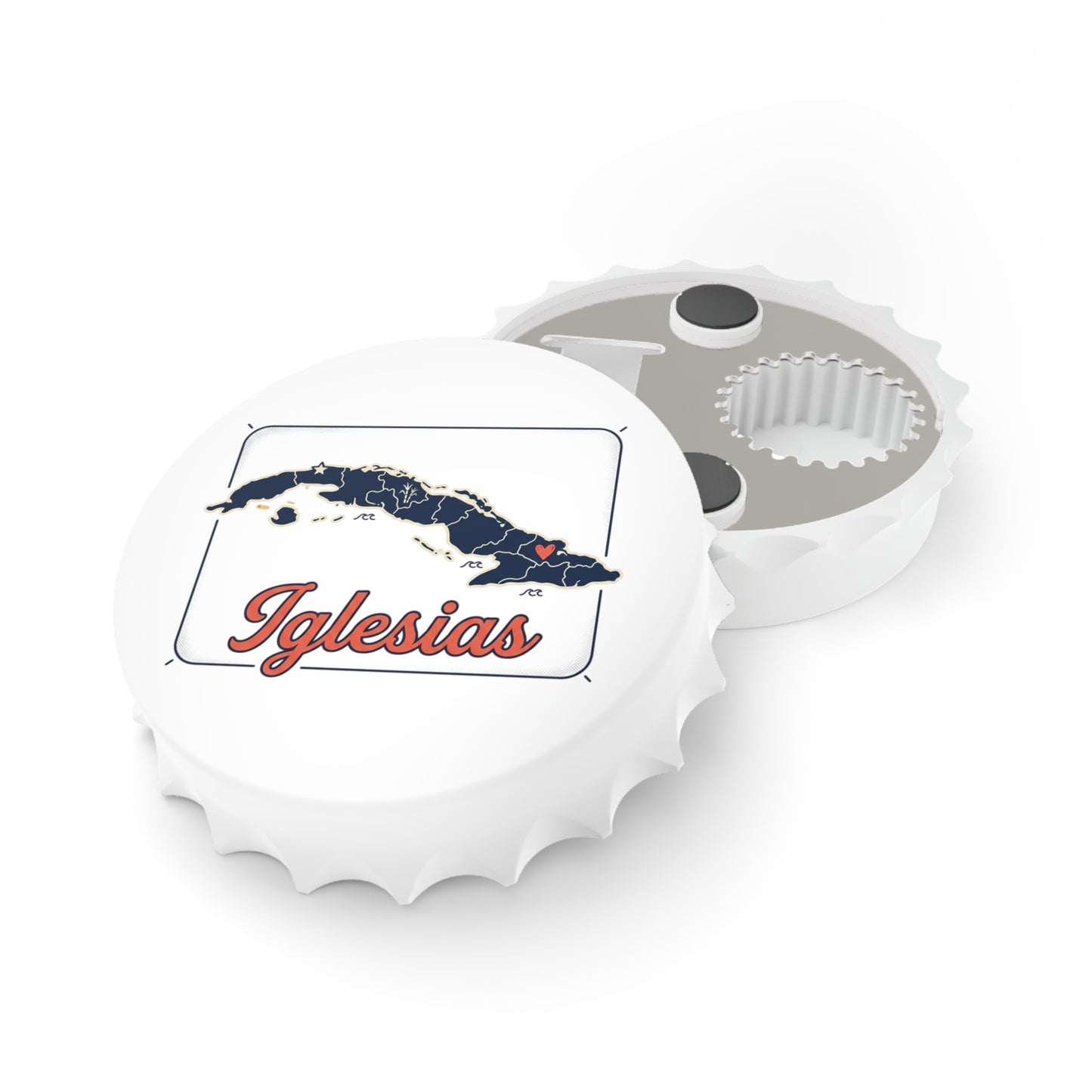 Iglesias Cuba Map Bottle Opener — Personalized Cuban Heritage Bottle Opener with Heart Accent